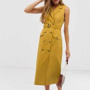 Sleeveless double-breasted, belted denim trench dress in mustard yellow